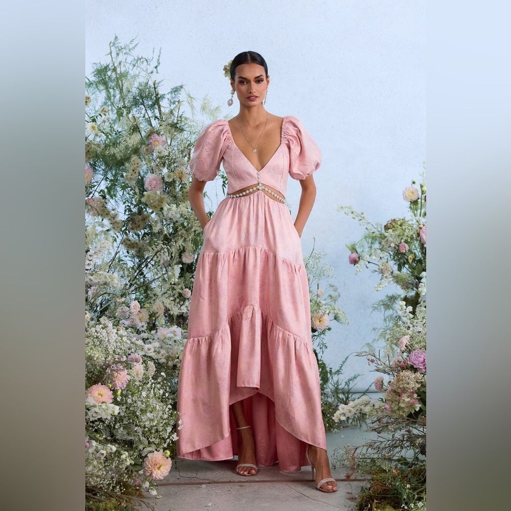 V. Chapman Anthropologie Neck A-Line Brocade Maxi Dress - Pink